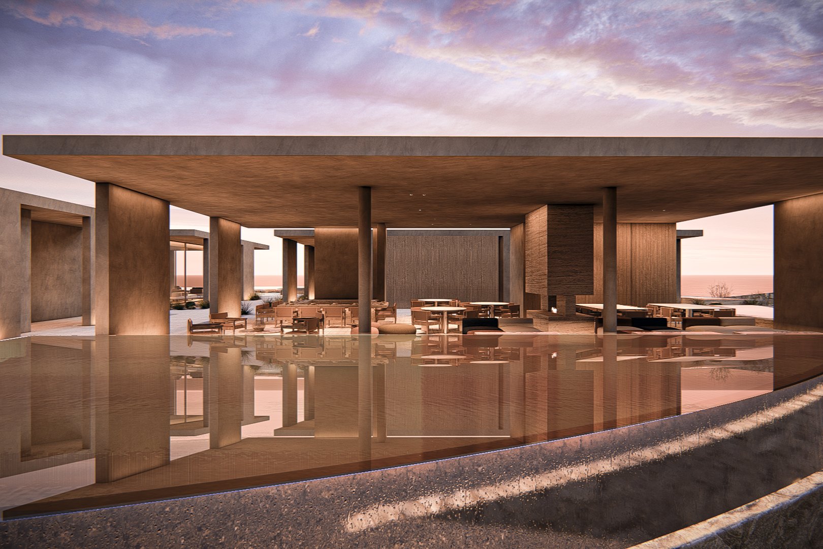 La sala abierta al mar, reflejada en el suelo pulido